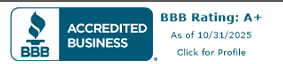 BBB Accredited Business logo with a blue flame symbol and text showing BBB Rating: A+ as of 10/31/2025. Click for Profile.