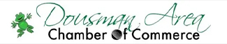 Logo for Dousman Area Chamber of Commerce with green script text, a small green frog on the left, and “Chamber of Commerce” in black text.