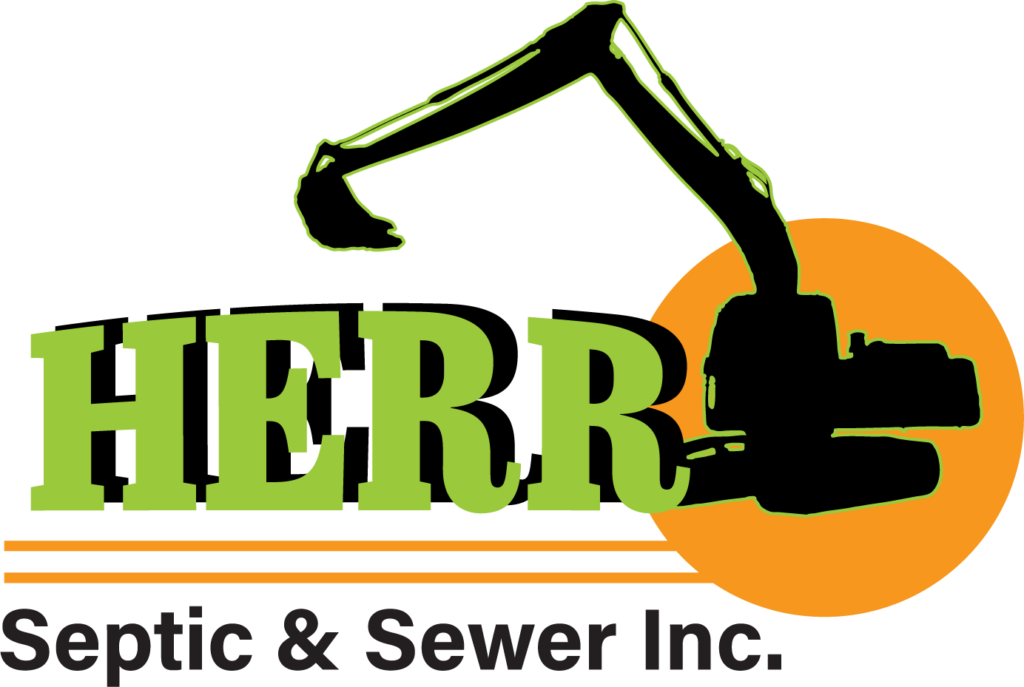 Logo for Herr Septic & Sewer Inc. featuring green text HERR, a black silhouette of an excavator over an orange circle, and Septic & Sewer Inc. written in black below with three orange lines to the left.