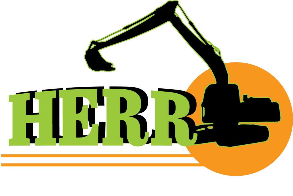 Logo featuring the word HERR in large green letters, with a black silhouette of an excavator over an orange circle. Below, in smaller white text, it reads Septic & Sewer Inc. with three orange lines underneath.