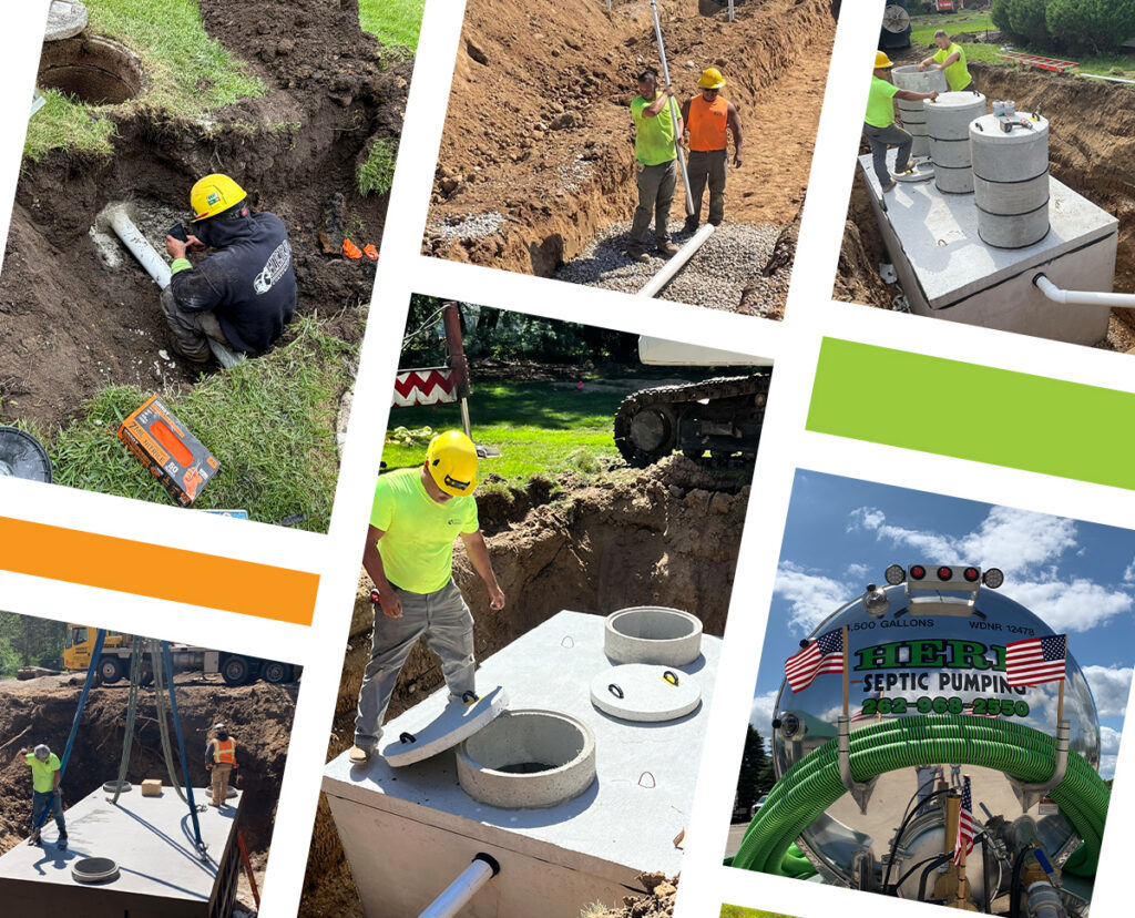 Workers install concrete septic tanks and pipes. A pumping truck with American flags is also featured.