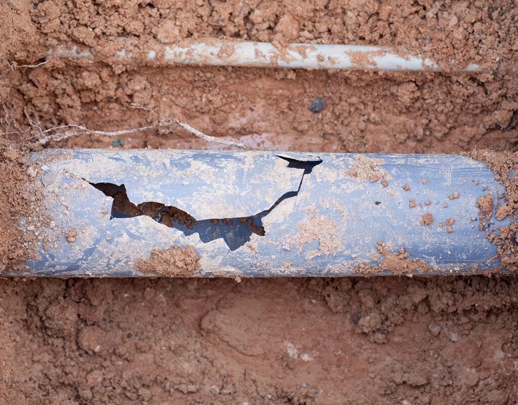 A close-up of a cracked, damaged gray pipe partially covered in dirt, with visible soil surrounding and inside the pipes large opening.