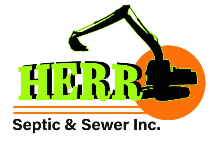Logo for Herr Septic & Sewer Inc. features green HERR text, an excavator silhouette, orange circle, and Septic & Sewer Inc. in black below with three orange lines.