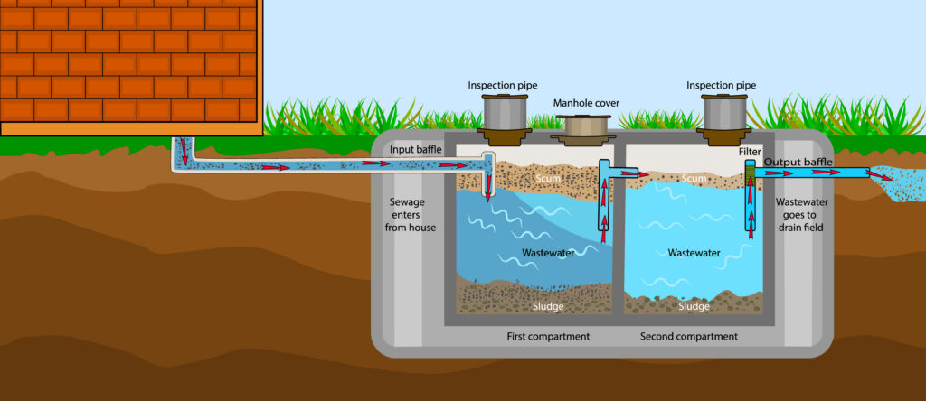 Diagram of a two-chamber septic tank system showing sewage flow from a house, through input/output baffles, settling sludge, filter, and movement of treated wastewater to a drain field.