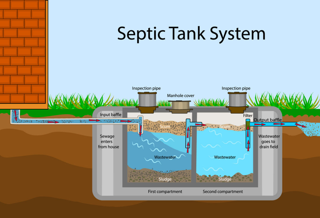 Diagram of a septic tank system showing two chambers with wastewater and sludge, input and output baffles, inspection pipes, manhole cover, and arrows indicating the flow from a house to a drain field.